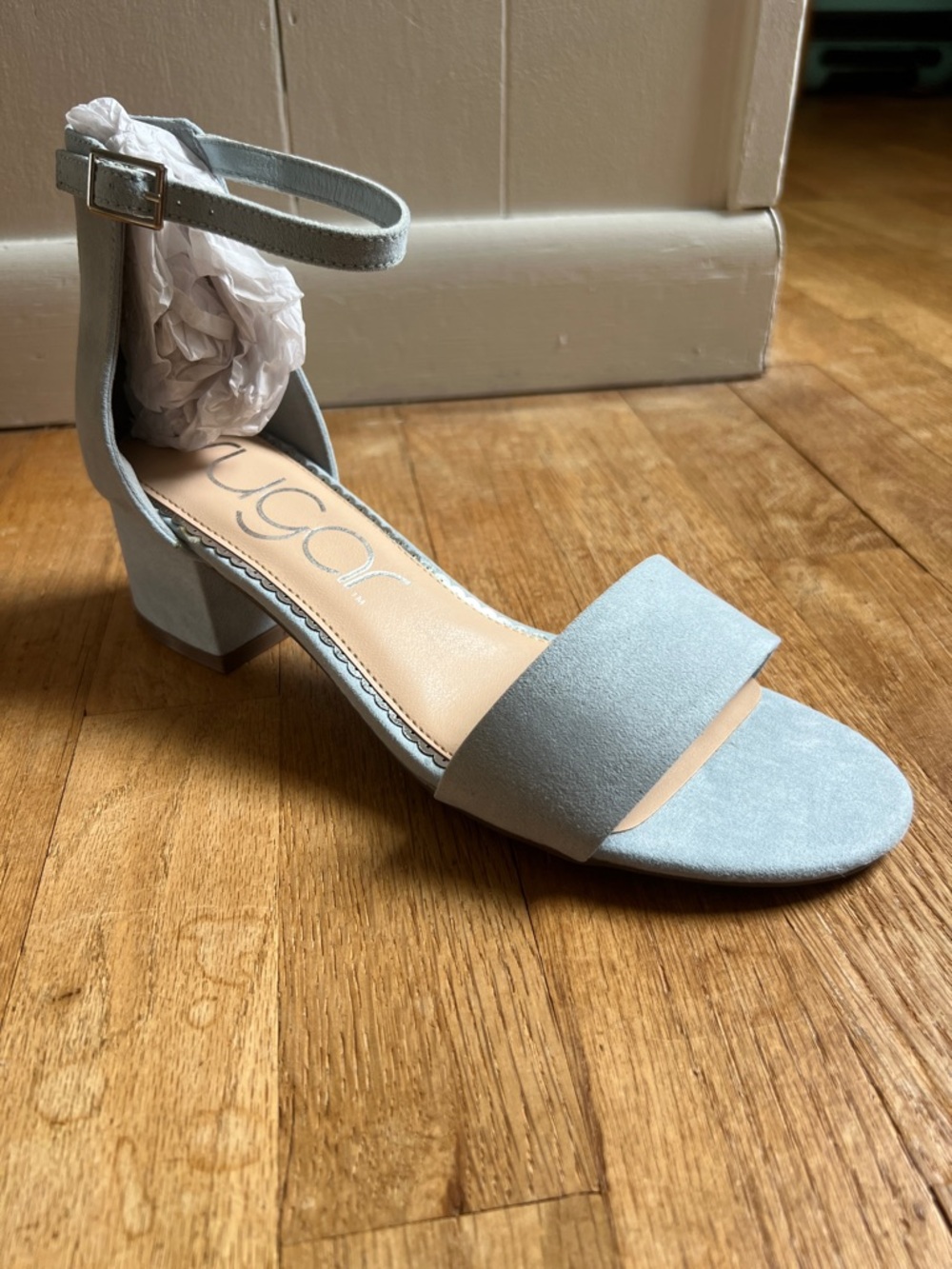 Sugar Light Blue Suede Block Heel Ankle-Strap Sandal